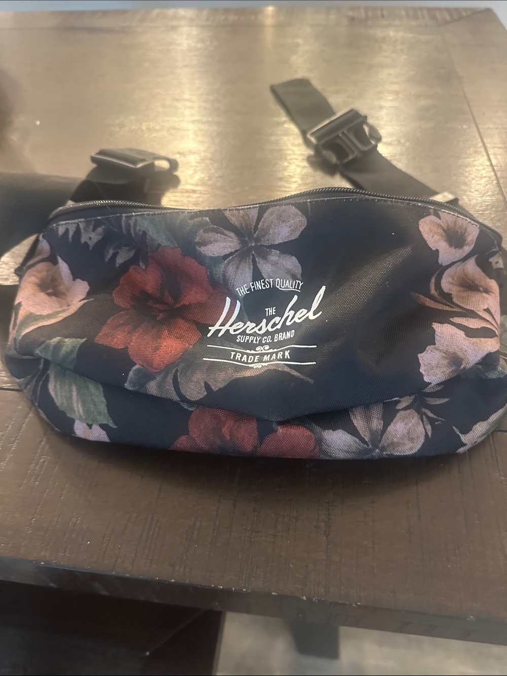 Herschel Supply Co. Black Floral Belt Bag with Red & Pink Blooms